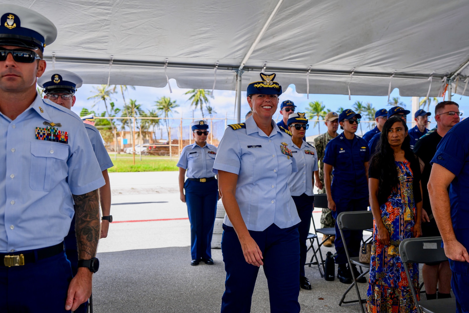 The U.S. Coast Guard holds an establishment for U.S. Coast Guard Base Guam on Nov. 8, 2023, in a ceremony presided over by Rear Adm. Carola List, commander of Operational Logistics Command. Led by Cmdr. Dana Hiatt, Base Guam, will be pivotal toward enhancing the U.S. Coast Guard's mission support logistics in the region. This strategic move aligns with the Service's commitment to increase mission support throughout Oceania. Given Guam's vital importance to national security, this initiative takes center stage. (U.S. Coast Guard photo by David Lau)