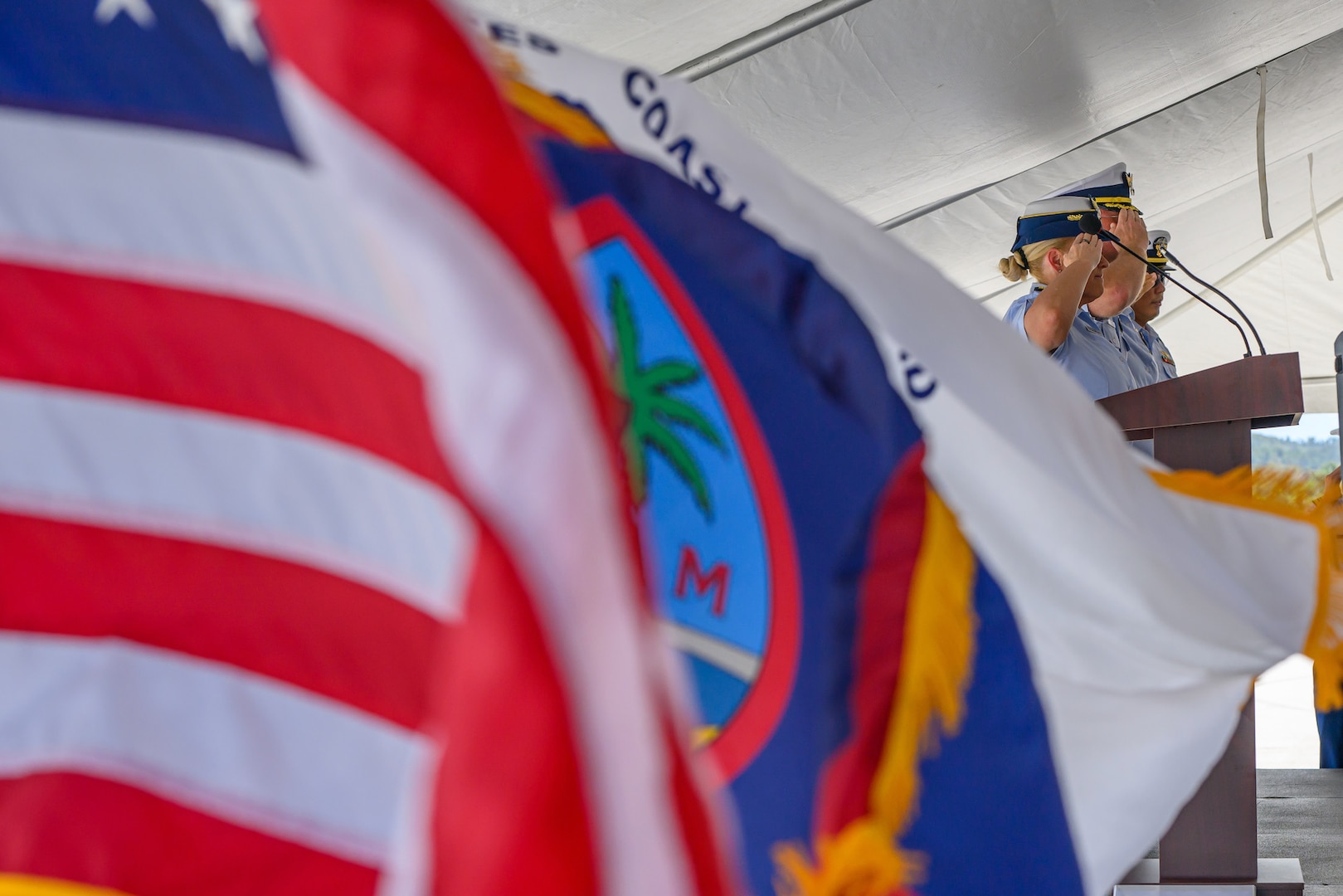 The U.S. Coast Guard holds an establishment for U.S. Coast Guard Base Guam on Nov. 8, 2023, in a ceremony presided over by Rear Adm. Carola List, commander of Operational Logistics Command. Led by Cmdr. Dana Hiatt, Base Guam, will be pivotal toward enhancing the U.S. Coast Guard's mission support logistics in the region. This strategic move aligns with the Service's commitment to increase mission support throughout Oceania. Given Guam's vital importance to national security, this initiative takes center stage. (U.S. Coast Guard photo by David Lau)