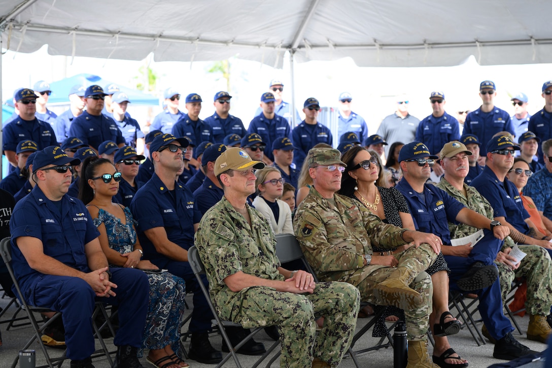 The U.S. Coast Guard holds an establishment for U.S. Coast Guard Base Guam on Nov. 8, 2023, in a ceremony presided over by Rear Adm. Carola List, commander of Operational Logistics Command. Led by Cmdr. Dana Hiatt, Base Guam, will be pivotal toward enhancing the U.S. Coast Guard's mission support logistics in the region. This strategic move aligns with the Service's commitment to increase mission support throughout Oceania. Given Guam's vital importance to national security, this initiative takes center stage. (U.S. Coast Guard photo by David Lau)