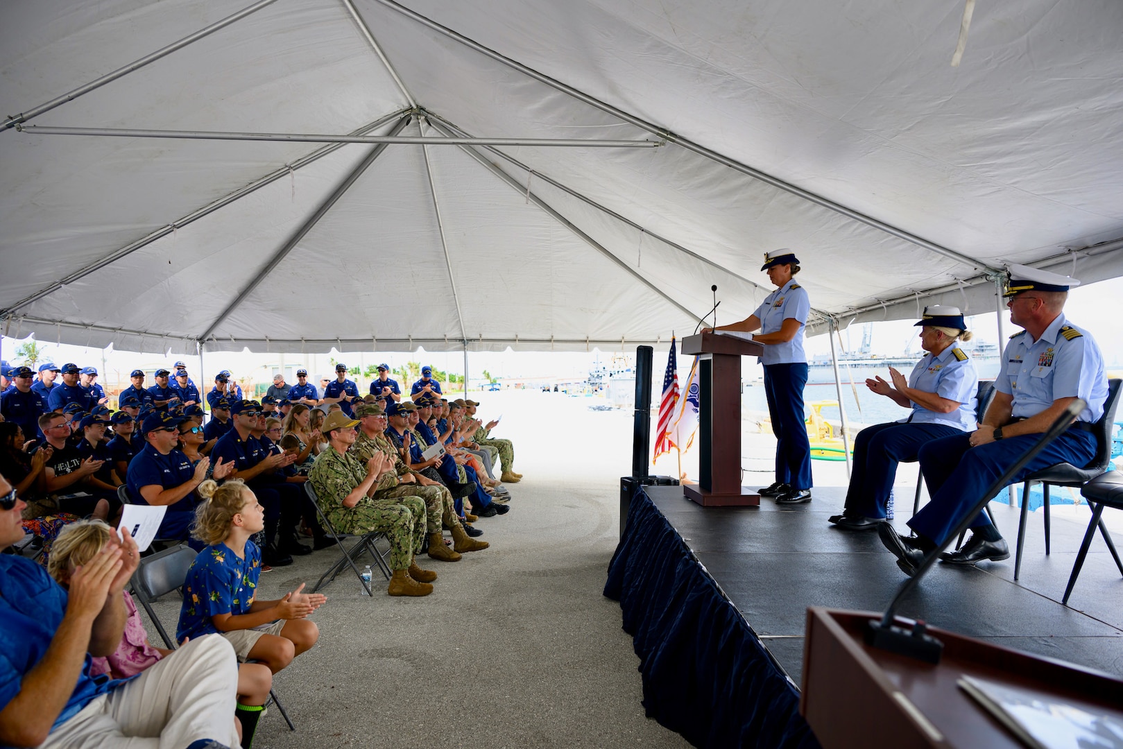 The U.S. Coast Guard holds an establishment for U.S. Coast Guard Base Guam on Nov. 8, 2023, in a ceremony presided over by Rear Adm. Carola List, commander of Operational Logistics Command. Led by Cmdr. Dana Hiatt, Base Guam, will be pivotal toward enhancing the U.S. Coast Guard's mission support logistics in the region. This strategic move aligns with the Service's commitment to increase mission support throughout Oceania. Given Guam's vital importance to national security, this initiative takes center stage. (U.S. Coast Guard photo by David Lau)