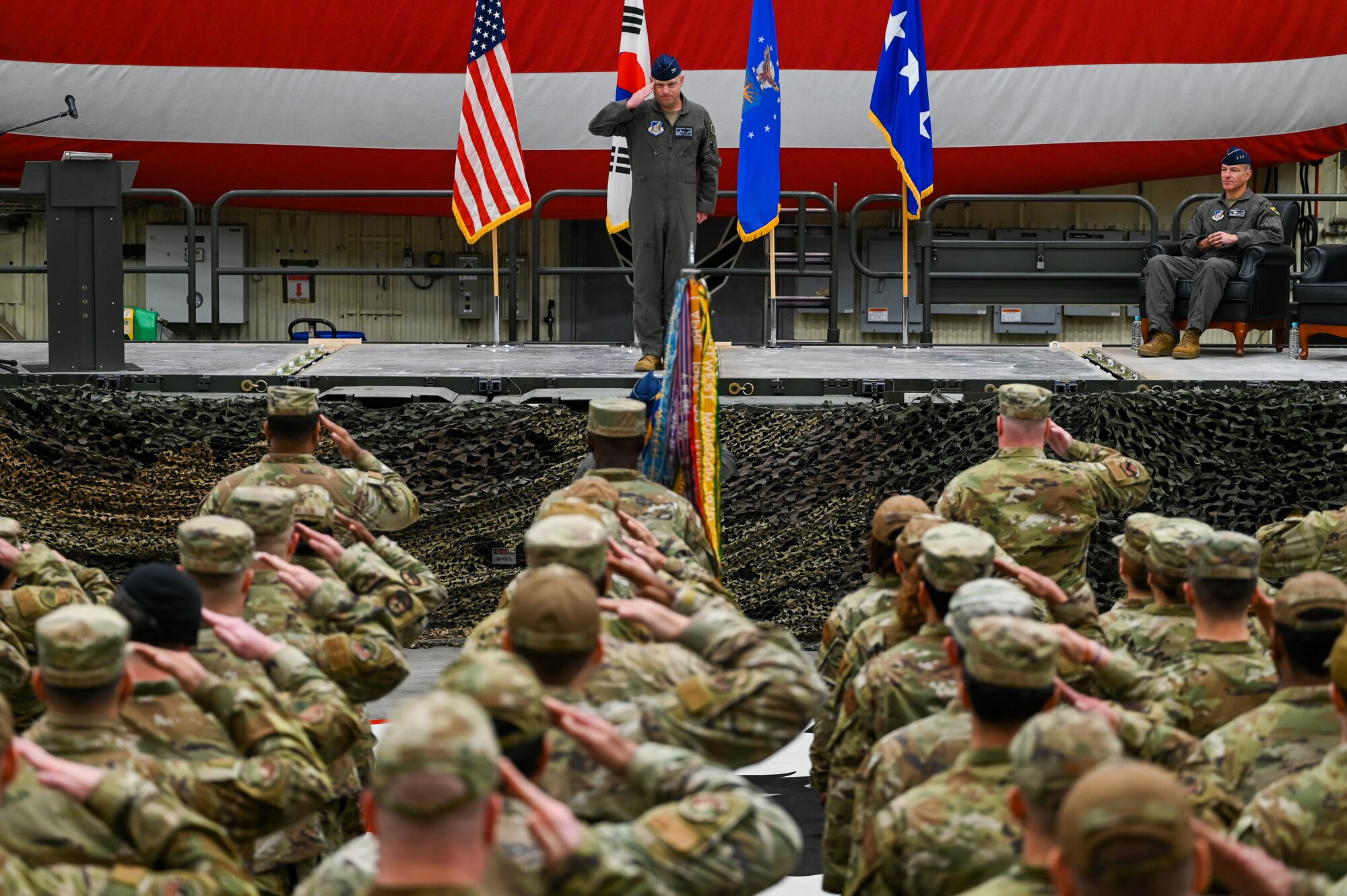 Col. Matthew C. Gaetke renders his first salute as Wolf during the 8th FW Assumption of Command ceremony.