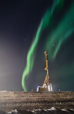 The northern lights dance in the night sky above the Moose Creek Dam Safety Modification Project in October at the Chena River Lakes Flood Control Project near North Pole, Alaska.