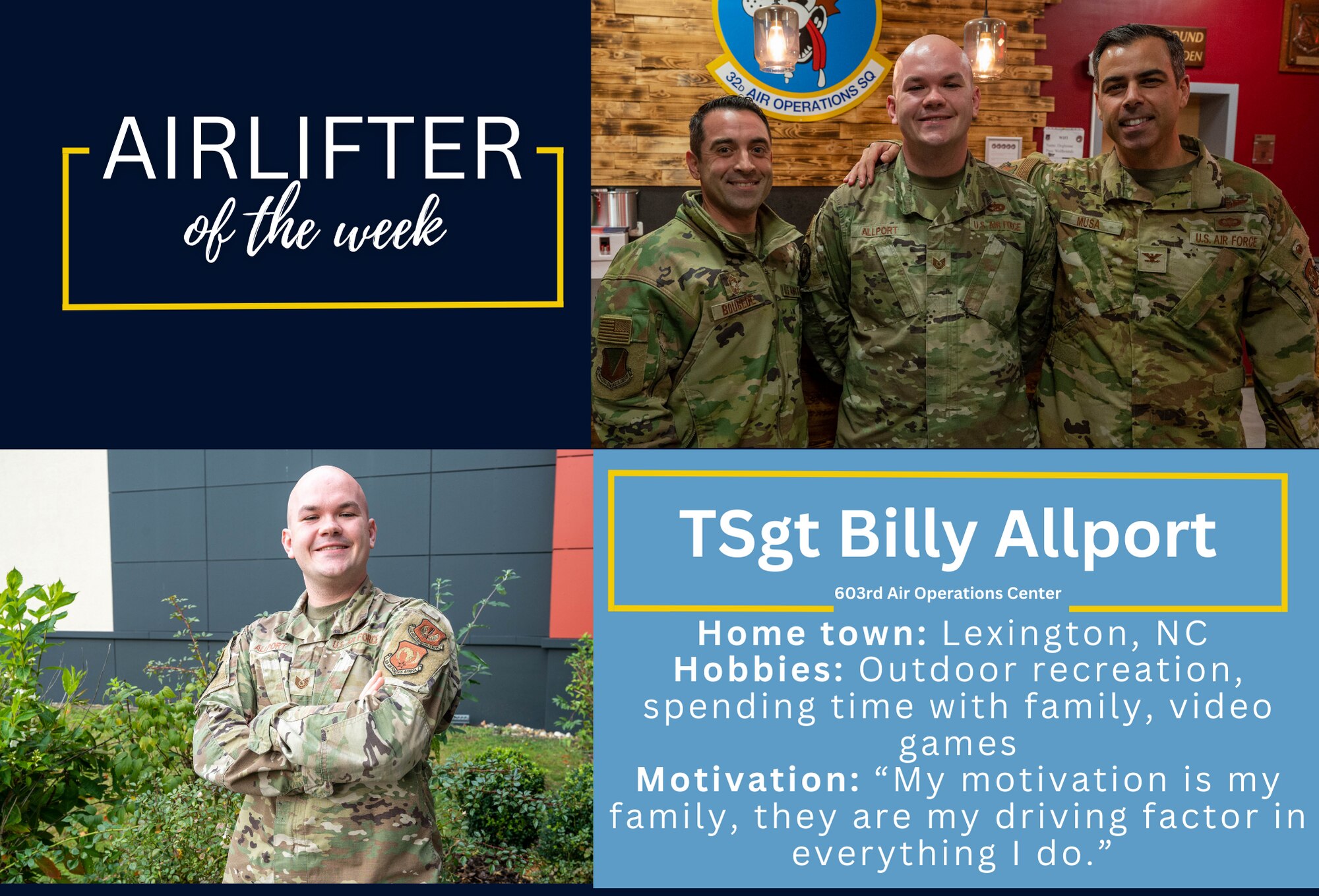 U.S. Air Force Tech. Sgt. Billy Allport, 603rd Air Operations Center requirements planner and aerial porter, was recognized as Airlifter of the Week for his commitment to personal and professional growth..