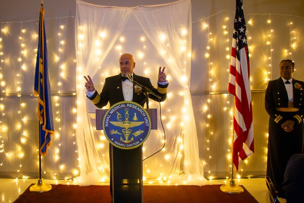 U.S. Navy Capt. Walter W. Dalitsch III, Naval Medical Research Unit Dayton Commanding Officer, gives opening remarks during the 248th Navy Birthday and third annual Dayton-area Navy Ball Oct. 13 in Dayton, Ohio. Nearly 90 members of the Naval Medical Research Unit (NAMRU) Dayton, friends, family members, partners, sister service members, veteran and retirees rang in the Service's birthday in an event which has grown each year since the COVID-restricted event in 2021.