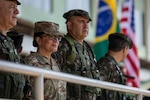 New York Army National Guard Brig. Gen. Isabel Smith, center, director, Joint Staff, New York National Guard, stands with Brazilian Army officers during the opening ceremony for Exercise Southern Vanguard 24 in Macapa, Brazil, Nov. 6, 2023. The exercise is designed for U.S. Army Soldiers to conduct pre-deployment activities, deploy and conduct air assault operations while enhancing interoperability with Brazilian army forces.