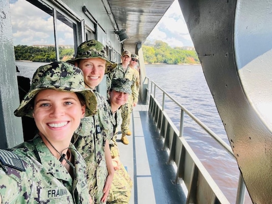 Military Tropical Medicine Students on board a Brazilian medical ship as part of the courses field rotations. Pictured above are LT Aviv Fraiman, LT Kylie Wilson, LT Louise Gaunt, LCDR Cyrus Haselby, and CPT Ben Norton. Photo Courtesy of Military Tropical Medicine Course.