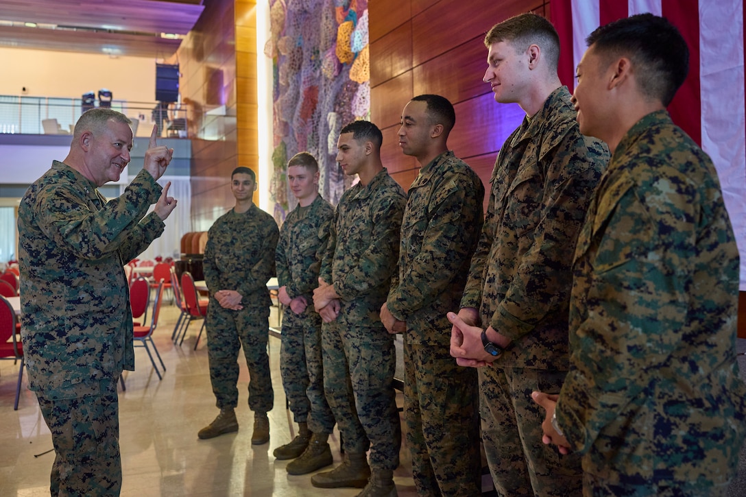 U.S. Marine Corps Maj. Gen. Robert B. Sofge Jr., commander of U.S. Marine Corps Forces Europe and Africa, speaks to Marines with the U.S. Embassy during a Key Leaders Engagement in Dakar, Senegal on Nov. 8, 2023. During the visit Sofge meets with the Senegalese Navy and the Institute Defense of Senegal, providing opportunities to discuss and enhance collaborative efforts on various fronts fostering a lasting partnership between the two nations. (U.S. Marine Corps photo by Lance Cpl. Mary Linniman)