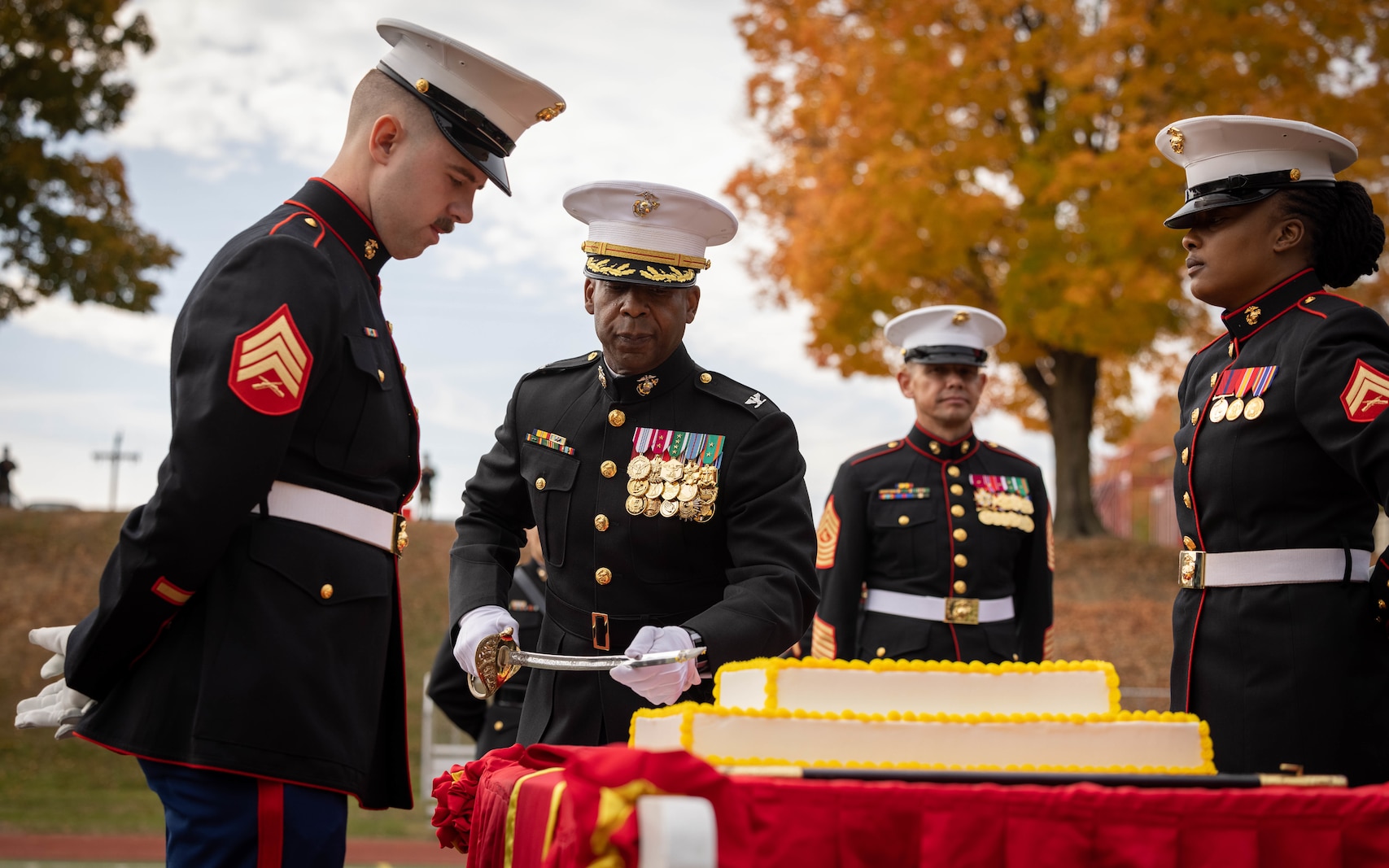 U.S. Marine Corps Col. Michael L. Brooks, base commander, Marine Corps Base Quantico, a native of South Boston, Virginia, cuts the first slice of cake during the Marine Corps Base Quantico cake cutting ceremony in honor of the 248th Marine Corps Birthday at Butler Stadium on MCBQ, Virginia, Nov. 7, 2023. The annual cake cutting ceremony is a long-standing tradition that celebrates the establishment of the United States Marine Corps. The Marine Corps birthday is celebrated every year to commemorate the birth of the Corps and honor the service and sacrifices of all Marines, past and present. (U.S. Marine Corps photo by Cpl. Mitchell Johnson)