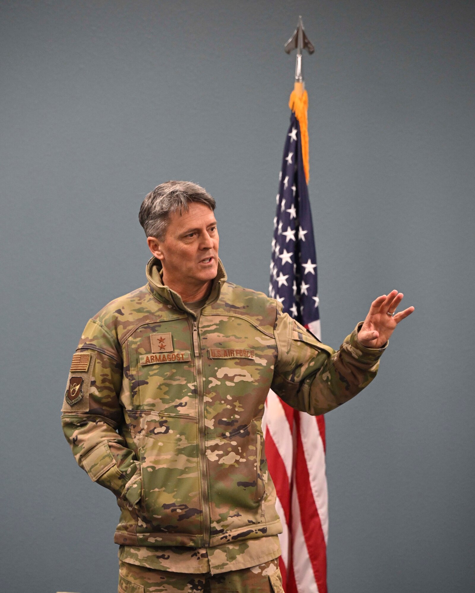 U.S. Air Force Major General Jason R. Armagost, Eighth Air Force and Joint-Global Strike Operations Center commander, gives a speech to aircrew members from the 23rd and 69th Bomb Squadron at Minot Air Force Base, North Dakota, Nov. 1, 2023. During the visit, Armagost interacted with members of Team Minot and gained a deeper understanding of how they execute the global deterrence mission. (U.S. Air Force photo by Senior Airman Caleb S. Kimmell)
