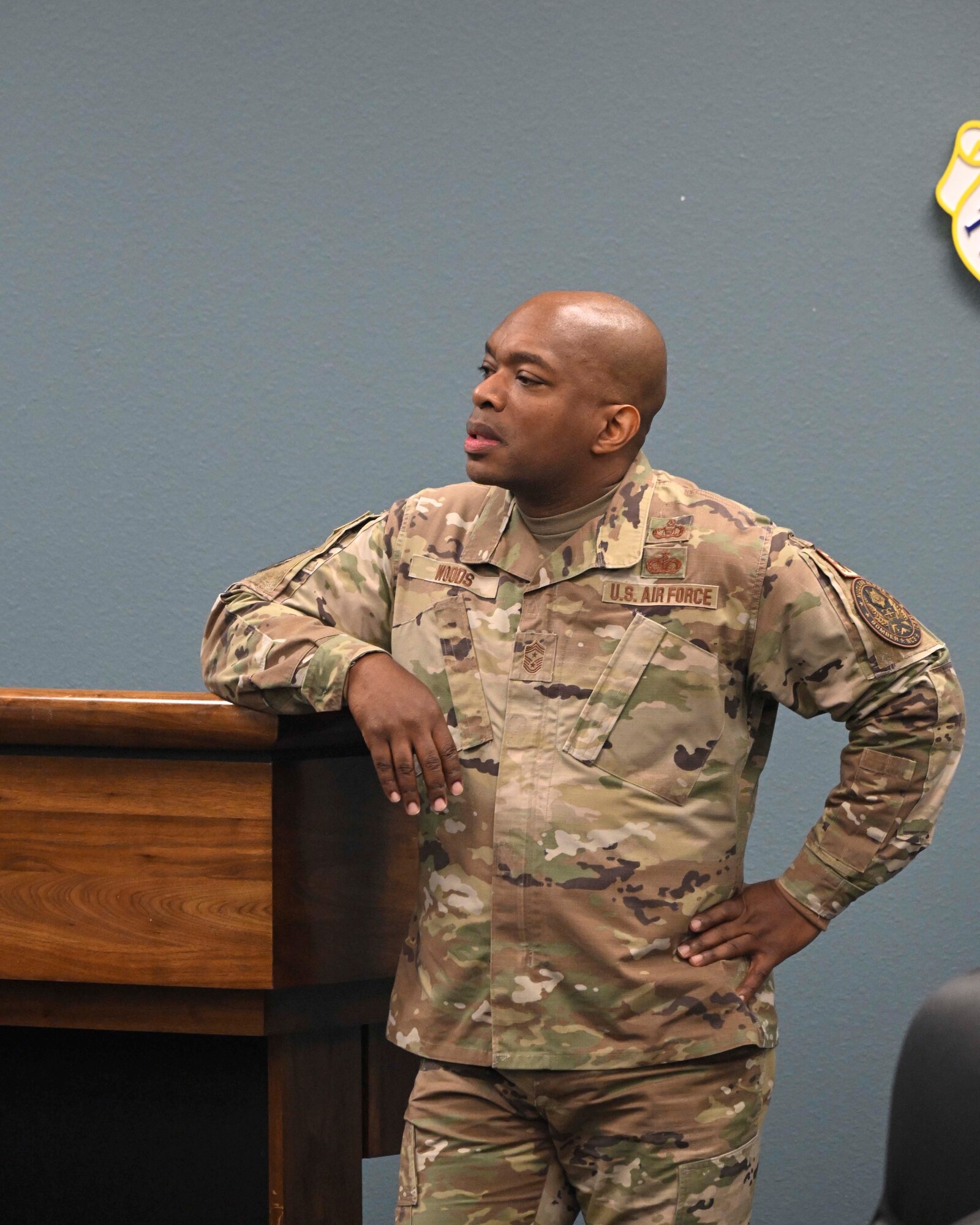 Chief Master Sgt. Ronnie J. Woods, Eighth Air Force command chief, speaks to aircrew members assigned to the 23rd and 69th Bomb Squadron at Minot Air Force Base, North Dakota, Nov. 1, 2023. During the visit, Woods met with Airmen and gained a better understanding of how Team Minot executes the global deterrence mission. (U.S. Air Force photo by Senior Airman Caleb S. Kimmell)
