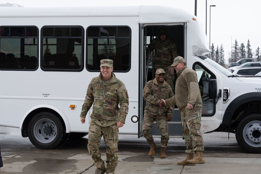 U.S. Air Force Maj. Gen. Jason Armagost, 

Eighth Air Force and Joint-Global Strike 

Operations Center commander, and Chief 

Master Sgt. Ronnie J. Woods, Eighth Air 

Force command chief and Joint-Global Strike

Operations Center senior enlisted 

leader, arrive at the McAdoo Fitness

Center at Minot Air Force Base, North 

Dakota, November 1, 2023. Armagost visited

the McAdoo fitness center to meet the Airmen

 maintaining the facility. (U.S. Air Force photo 

by Airman 1st Class Trust Tate)