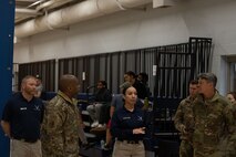 U.S. Air Force Maj. Gen. Jason Armagost, 

Eighth Air Force and Joint-Global Strike 

Operations Center commander, and Chief 

Master Sgt. Ronnie J. Woods, Eighth Air 

Force command chief and Joint-Global Strike

Operations Center senior enlisted 

leader, is shown around the McAdoo Fitness 

Center at Minot Air Force Base, North

 Dakota, November 1, 2023. During his visit, 

Armagost spoke to Team Minot leadership

to gain a more in-depth understanding of 

how Team Minot contributes to global 

deterrence. (U.S. Air Force photo by Airman

1st Class Trust Tate)