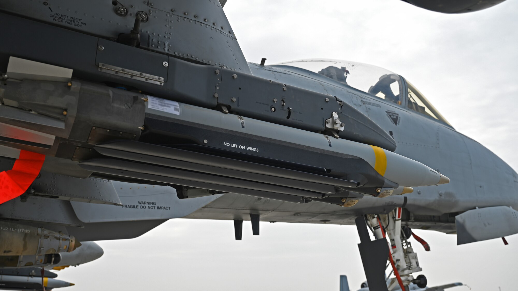 An A-10 Thunderbolt II is armed with a variety of munitions.