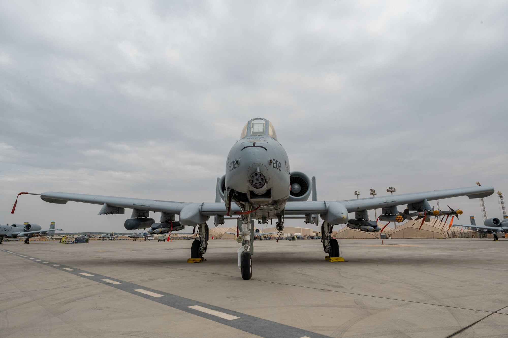 An A-10 Thunderbolt II is parked loaded with munitions