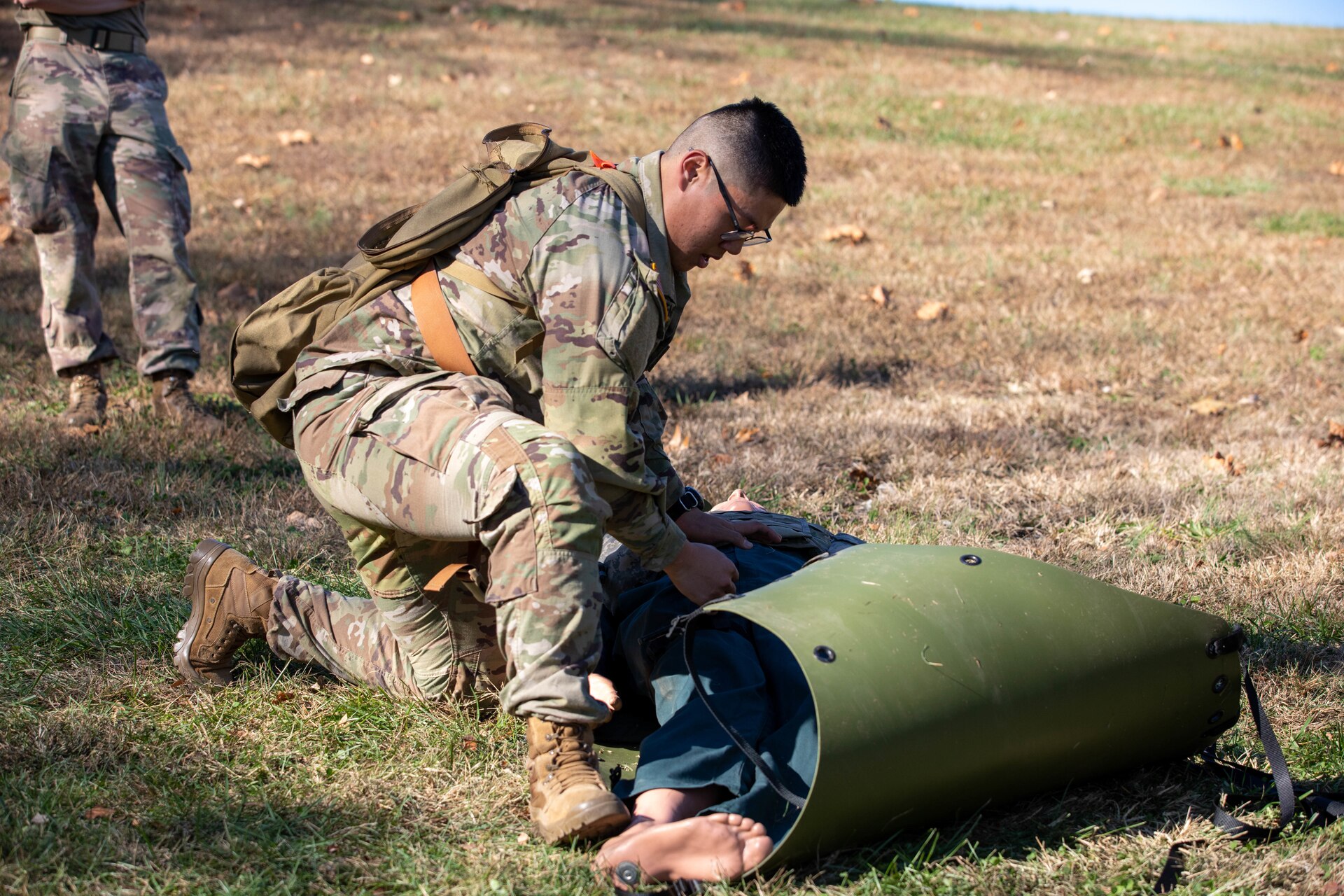 U.S. Army SPC Jackie Zheng, places a casualty on a sled during the State Best Warrior Competition, November 1-5 at Wendall H. Ford Regional Training Center. The Best Warrior Competition  tests the physical and mental fortitude of the participants. The winners will have the honor of competing in the regional competition also held in Kentucky, April 2024.
