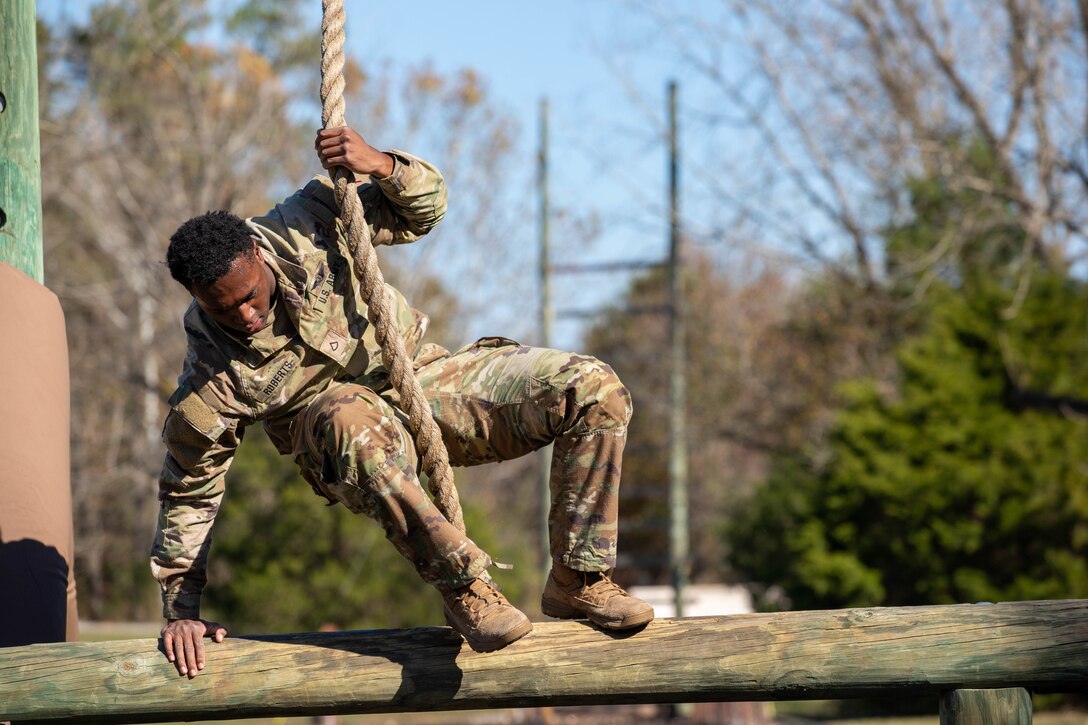 U.S. Army PFC Amir Roberts tackles the obstacle course, during the State Best Warrior Competition, November 1-5 at Wendall H. Ford Regional Training Center. The Best Warrior Competition  tests the physical and mental fortitude of the participants. The winners will have the honor of competing in the regional competition also held in Kentucky, April 2024.