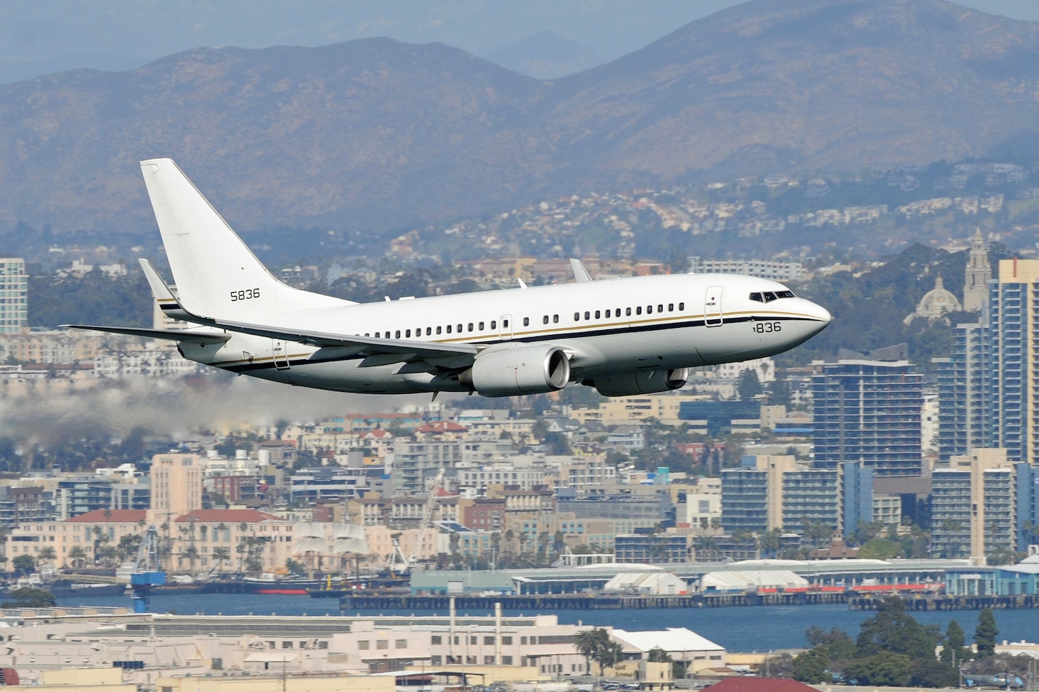 A C-40A Clipper assigned to Fleet Logistics Support Squadron (VR) 57 flies over San Diego, California.