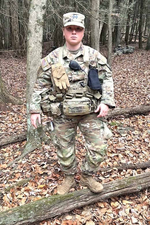 U.S. Army ROTC cadet Katie Lacosta, assigned to the Dauntless Battalion, prepares to oversee a field training exercise with fellow ROTC cadets at Fort Indiantown Gap, Nov. 4, 2023. (U.S. Army National Guard photo by Capt. Christopher Booker)
