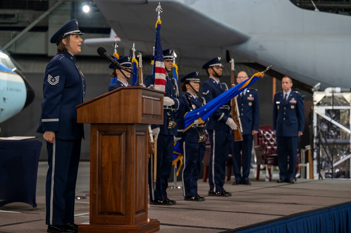 The Wright-Patterson Air Force Base Honor Guard present the colors during the retirement ceremony of Shaun Q. Morris, Air Force Life Cycle Management Center commander.