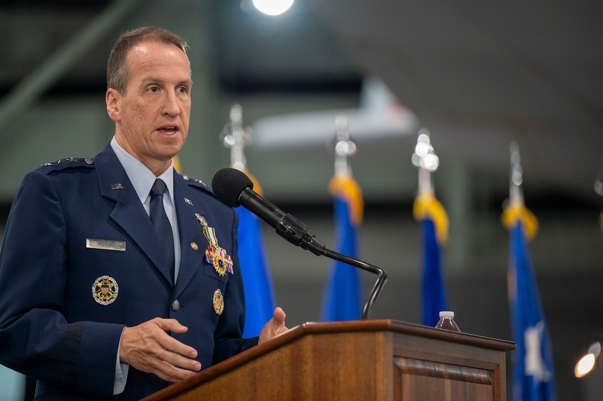Lt. Gen. Shaun Q. Morris, Air Force Life Cycle Management Center commander, addresses the crowd during his retirement ceremony at the National Museum of the U.S. Air Force in Dayton, Ohio, Nov. 6, 2023.