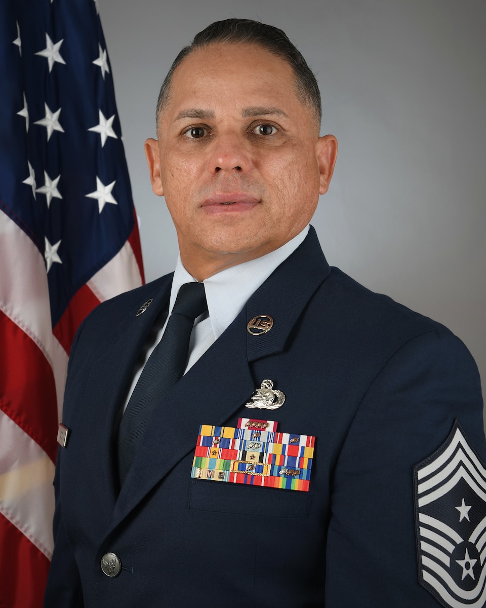 U.S. Air Force Chief Master Sgt. Orlando Soto, the 156th Wing command chief master sergeant, Puerto Rico Air National Guard, photo taken at Muñiz Air National Guard Base, Carolina, Puerto Rico, Oct. 31, 2023. (U.S. Air National Guard photo by 2nd Lt. Eliezer Soto)