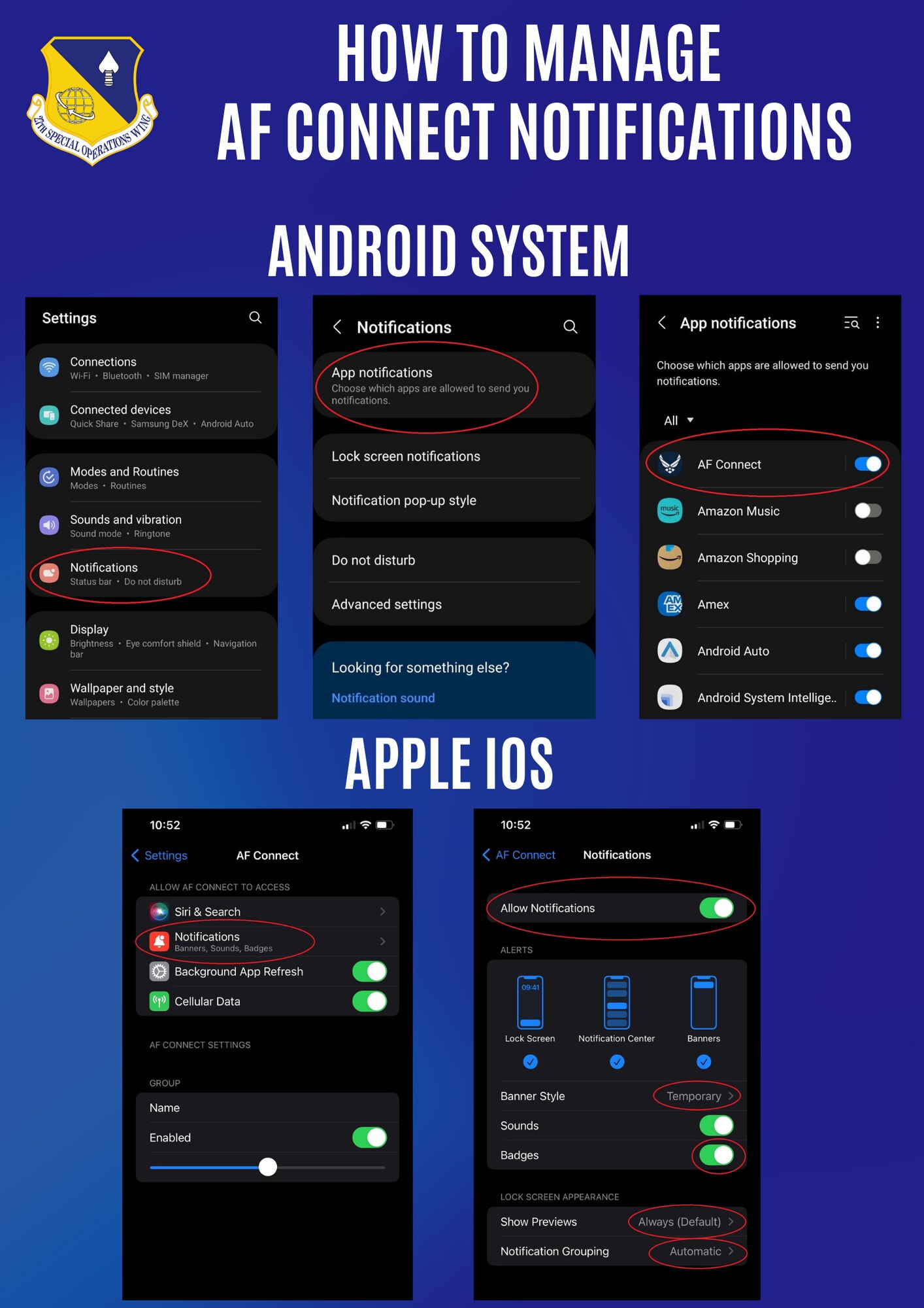 Follow the directions on the graphic to set up push notifications on the AF Connect App.