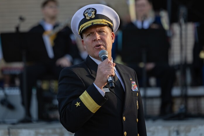 U.S. Navy Vice Adm. Michael Boyle, Commander, U.S. Third Fleet, gives his opening remarks before the start of a joint service member band performance at Balboa Park Organ Pavilion, California, Nov. 3, 2023, in support of a San Diego Fleet Week 2023. The purpose of Fleet Week is to showcase the capabilities of the Navy-Marine Corps team and give back to the community with events and personal interactions between service members and the public. (U.S. Marine Corps photo by Lance Cpl. Jacob B. Hutchinson)