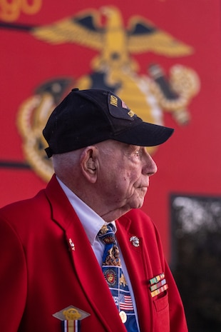 U.S. Marine Corps Cpl. Don Graves, a U.S. Marine Corps veteran, stands in front of a sign at Marine Corps Recruit Depot San Diego, Nov. 3, 2023. Graves, a distinguished WWII veteran who served with 2nd Battalion, 28th Marine Regiment at Iwo Jima, visited Marine Corps Recruit Depot San Diego to observe training and interact with the Marines. (U.S. Marine Corps photo by Cpl. Alexander O. Devereux)