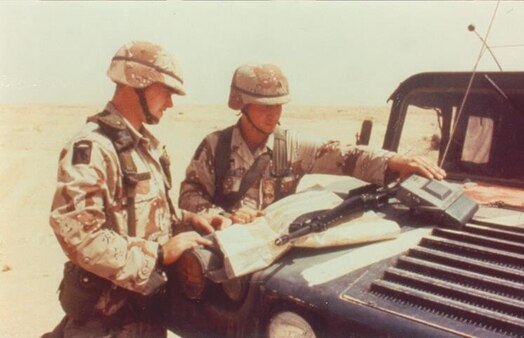  Soldiers operate the small lightweight GPS receiver (SLGR) during Operation Desert Storm in 1991. The receiver, which facilitated GPS navigation in the open desert, along with other space-based capabilities such as missile warning, space-based imagery and satellite communications played a major role in enabling the success of U.S. and coalition forces during 100 hours of sustained combat. 
(U.S. Army photo)