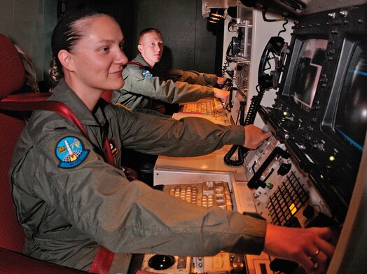  2004, Capts Melissa Ruff and Todd Benson sit in a missile trainer at F.E. Warren Air Force Base. Ruff went on to serve almost 14 years as a Space operator and continues to serve as a civilian Guardian in Space Operations Command in theCombat Power Directorate. Now Colonel Todd Benson serves as the Director of Requirements for the U.S. Space Force for all existing and future space capabilties. (Courtesy photo)