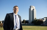 Dr. Douglas S. Brungart poses for a photo in front of the tower at Walter Reed National Military Medical Center (WRNMMC), Nov. 8, 2023. Dr. Brungart, is the Chief Scientist of the National Military Audiology and Speech Pathology Center at WRNMMC.