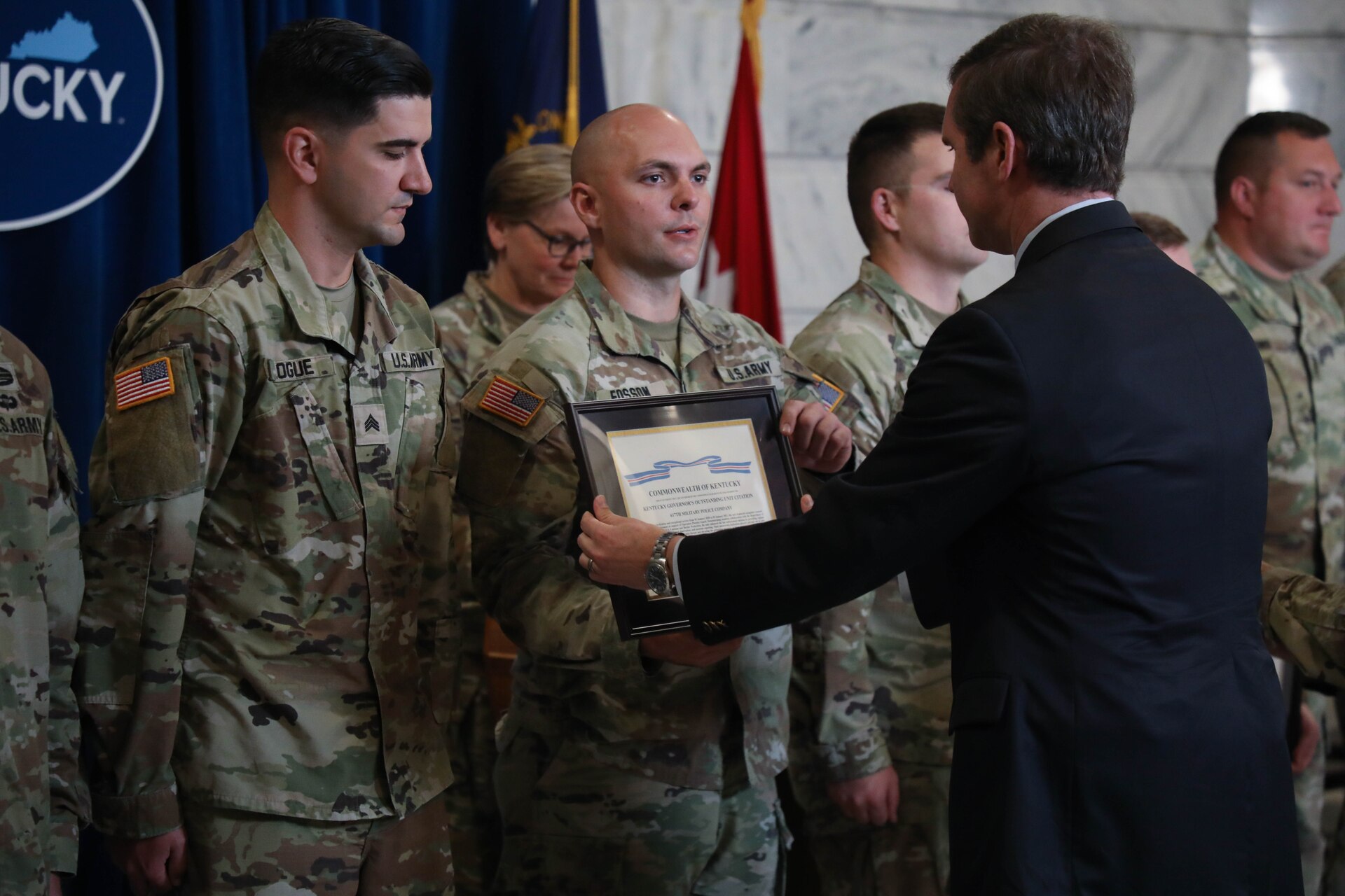 Governor Andy Beshear honored Soldiers from seven Kentucky National Guard units who served along the southwest border since 2020 at the Capitol Rotunda, Oct 26.