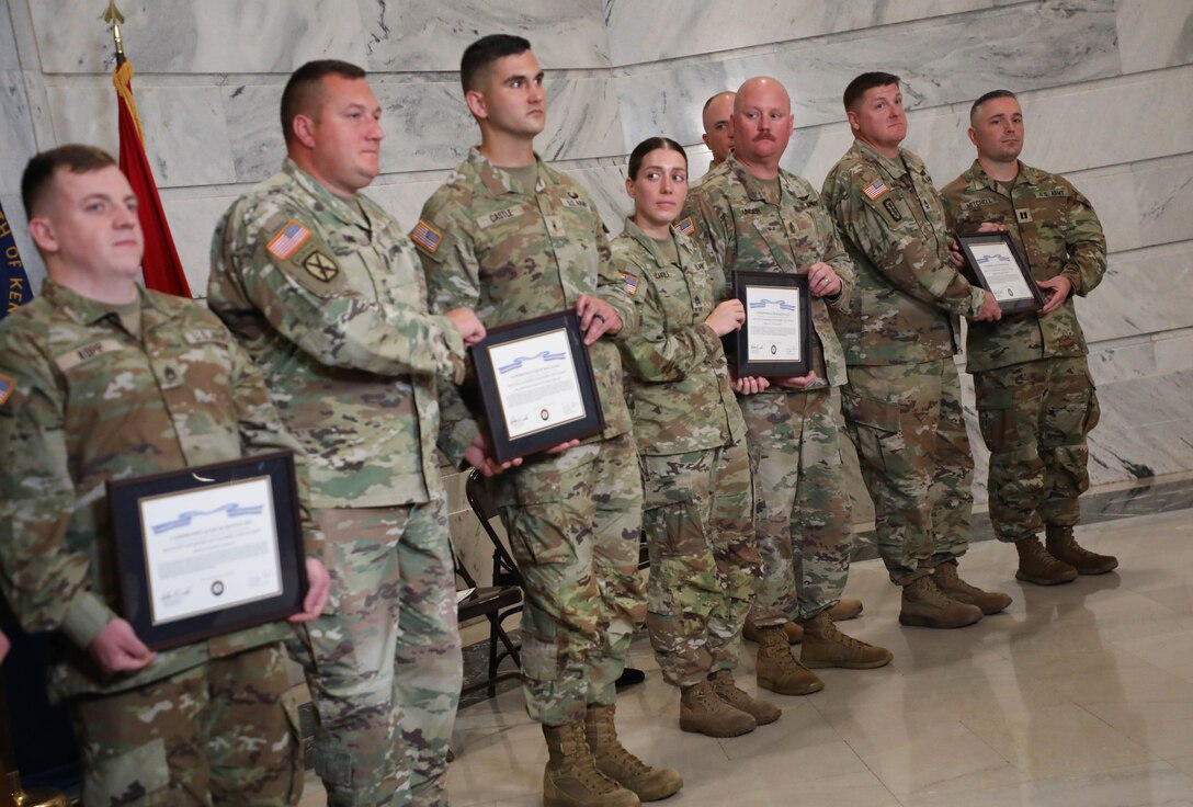 Governor Andy Beshear honored Soldiers from seven Kentucky National Guard units who served along the southwest border since 2020 at the Capitol Rotunda, Oct 26.