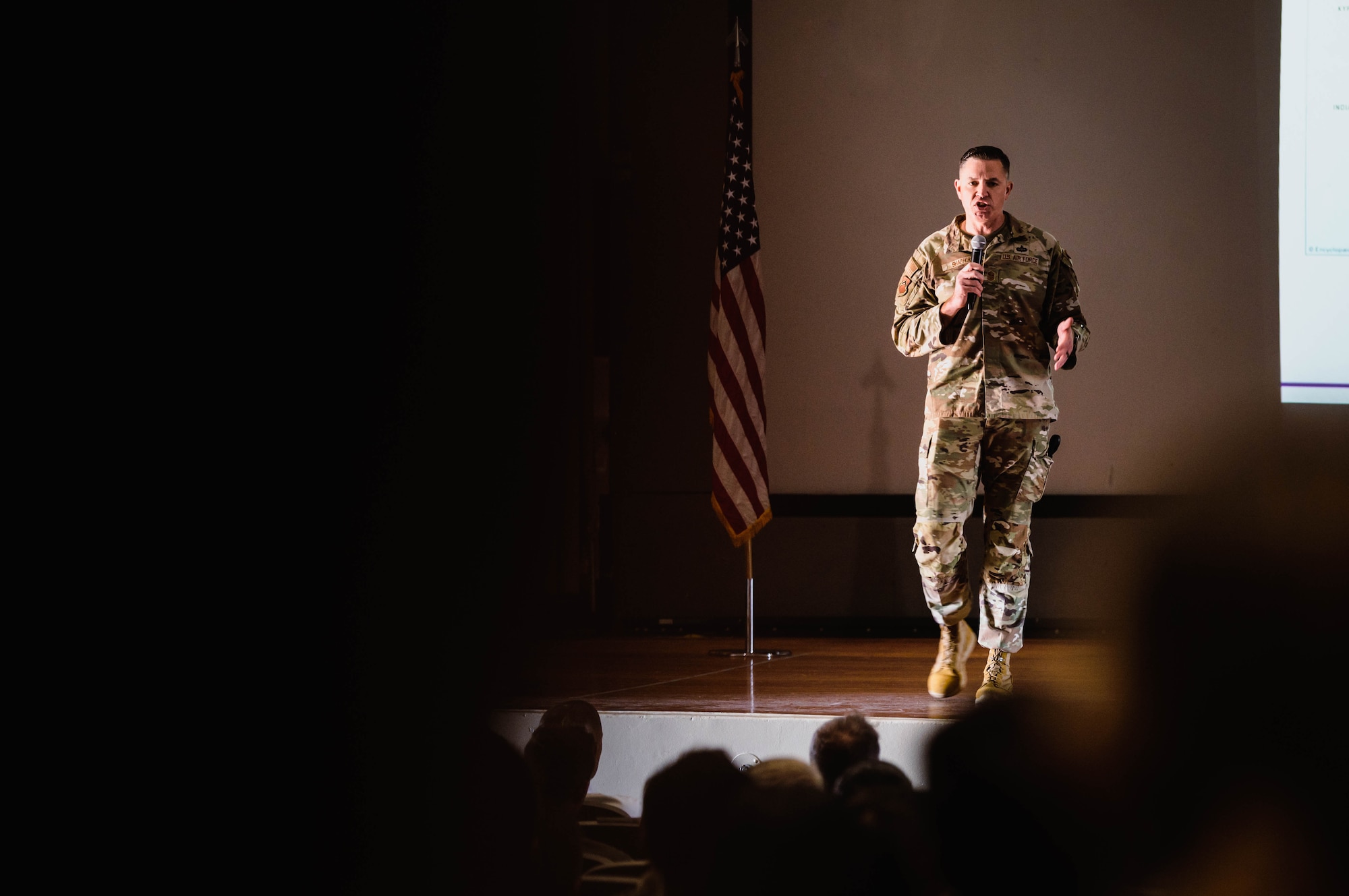 U.S. Air Force Chief Master Sgt. Jason Shaffer, 56th Fighter Wing command chief, addresses Luke Air Force Base personnel during a base all-call.