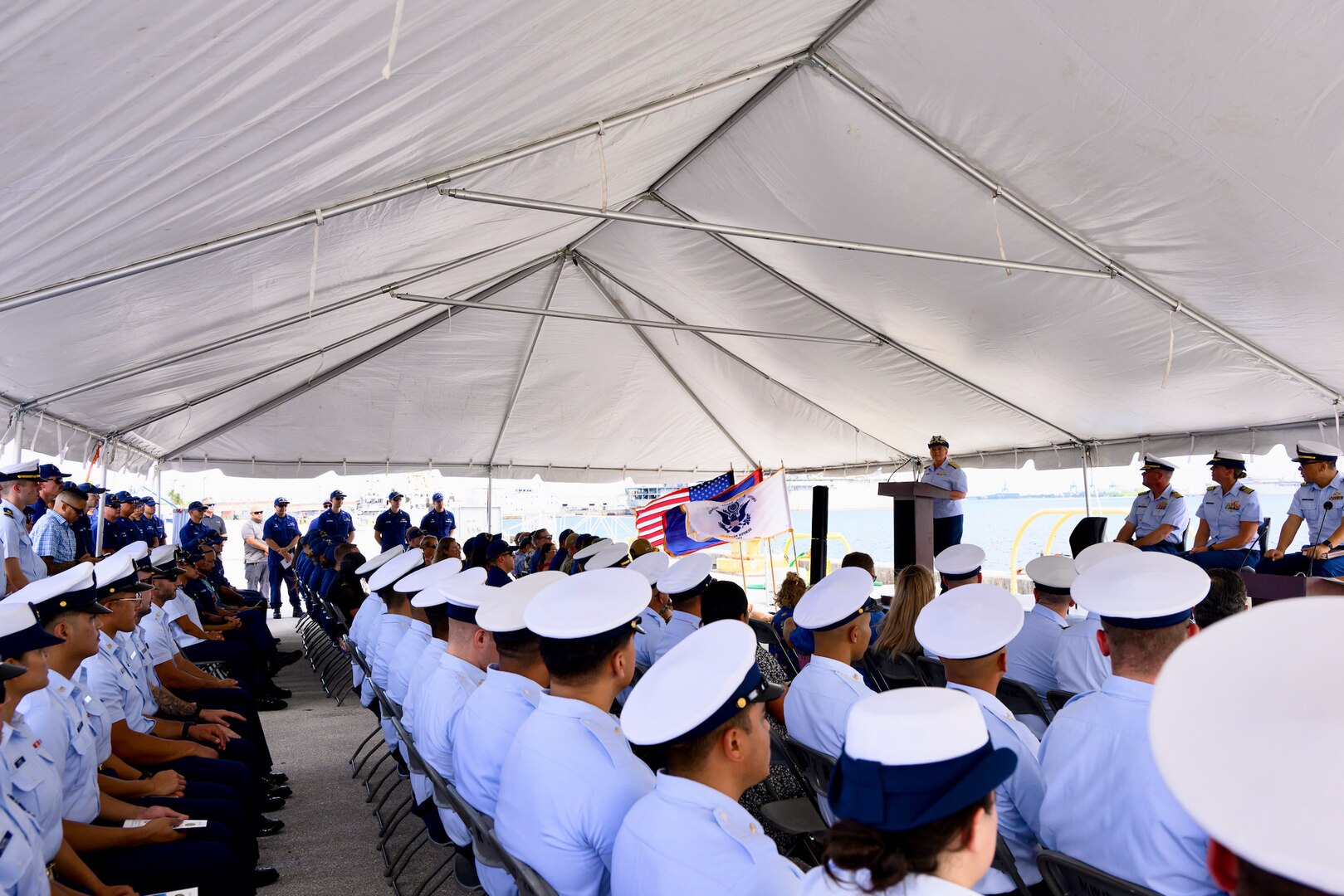 The U.S. Coast Guard holds an establishment for U.S. Coast Guard Base Guam on Nov. 8, 2023, in a ceremony presided over by Rear Adm. Carola List, commander of Operational Logistics Command. Led by Cmdr. Dana Hiatt, Base Guam, will be pivotal toward enhancing the U.S. Coast Guard's mission support logistics in the region. This strategic move aligns with the Service's commitment to increase mission support throughout Oceania. Given Guam's vital importance to national security, this initiative takes center stage. (U.S. Coast Guard photo by David Lau)