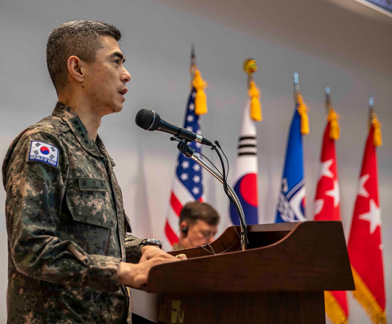 Gen. Shin Chul Kang, deputy commander, Combined Forces Command (CRC), delivers remarks during a ceremony honoring the 45th Anniversary of the formation of the CFC, during a ceremony on U.S. Army Garrison-Humphreys Nov. 7, 2023. (U.S. Army photo by: Cpl. Jorge Reyes, Eighth Army Public Affairs)