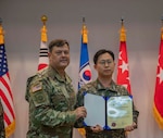 Lt. Gen. Willard M. Burleson III, chief of staff, Combined Forces Command (CFC), presents awards to member of the Republic of Korea military during a ceremony honoring the 45th Anniversary of the formation of the CFC, on U.S. Army Garrison-Humphreys Nov. 7, 2023. (U.S. Army photo by: Cpl. Jorge Reyes, Eighth Army Public Affairs)