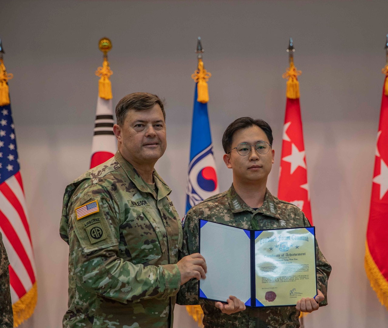 Lt. Gen. Willard M. Burleson III, chief of staff, Combined Forces Command (CFC), presents awards to member of the Republic of Korea military during a ceremony honoring the 45th Anniversary of the formation of the CFC, on U.S. Army Garrison-Humphreys Nov. 7, 2023. (U.S. Army photo by: Cpl. Jorge Reyes, Eighth Army Public Affairs)