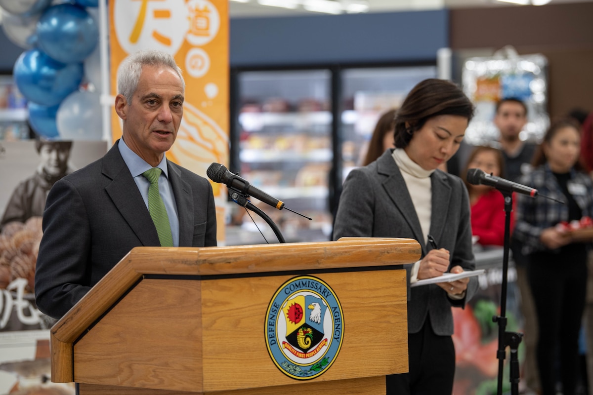 U.S. Ambassador to Japan Rahm Emanuel speaks about the sale of Japanese seafood in U.S. military shops and restaurants at the commissary on Yokota Air Base, Japan.