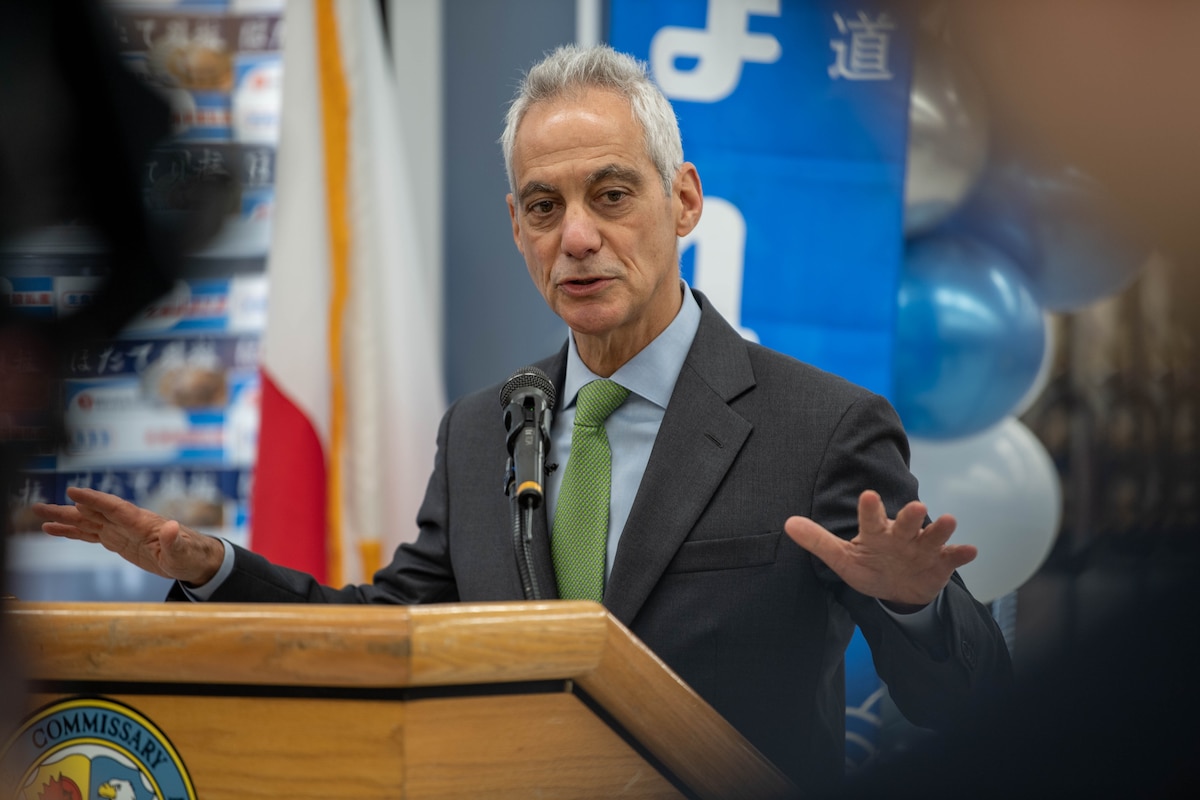 U.S. Ambassador to Japan Rahm Emanuel speaks about the sale of Japanese seafood in U.S. military shops and restaurants at the commissary on Yokota Air Base, Japan.