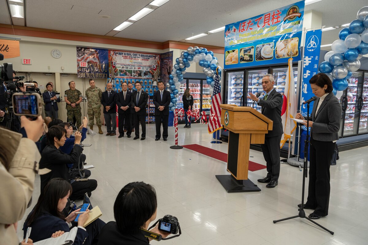 U.S. Ambassador to Japan Rahm Emanuel speaks about the sale of Japanese seafood in U.S. military shops and restaurants at the commissary on Yokota Air Base, Japan.