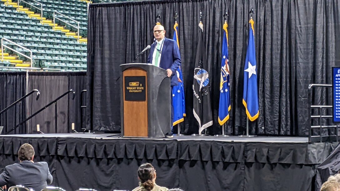 Dr. Timothy Bunning, Air Force Research Laboratory chief technology officer, gives the closing remarks at the AFRL Discover conference Oct. 25, 2023, in Fairborn, Ohio. Discover provided an opportunity for scientists and engineers across the AFRL enterprise to share their technical research with other subject matter experts and network for future science and technology projects. (U.S. Air Force photo / Jeremy Dunn)