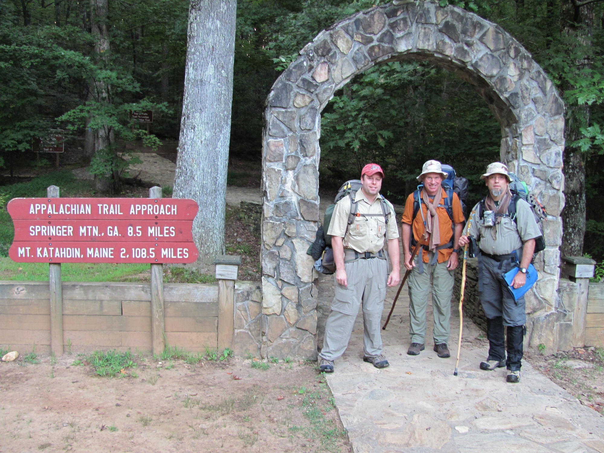 (From left) Jerry Eubank, Carter Martin and Rob Ligas set out on the Appalachian Trail approach from Amicalola Falls, Georgia, on Aug. 26, 2010. Eubank hiked the first three years with Ligas, a retired Airman and civilian employee at Wright-Patterson Air Force Base, Ohio, who completed the full 2,198-mile journey this past summer. (Contributed photo)