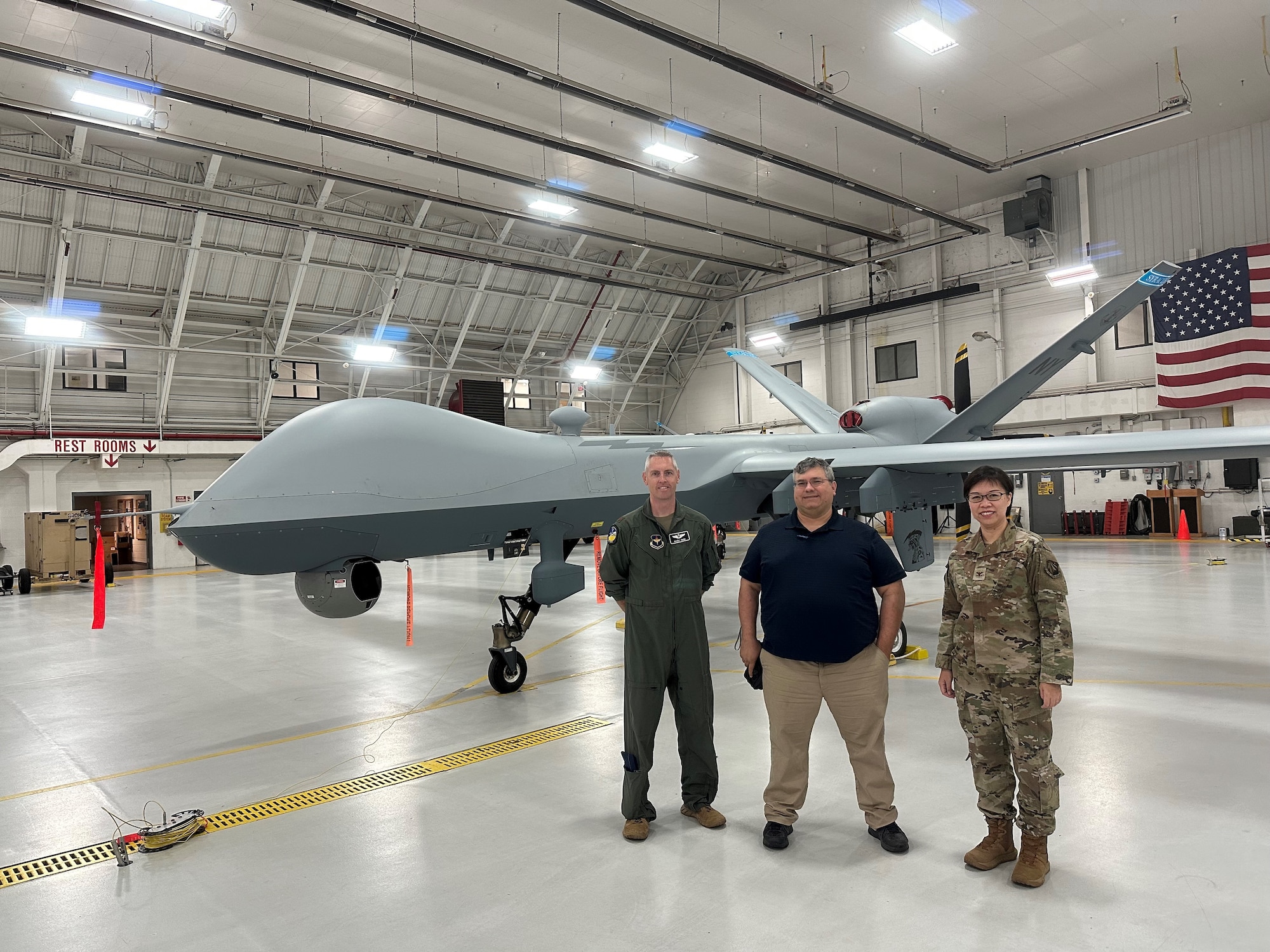 Maj. Christopher Peck, DAF CloudWorks Azure program manager, and Dr. Alex Aved, core technical competency lead for AFRL Intelligence Systems and Col. Bai Zhu, chief of the Intelligence Systems Division at the AFRL Information Directorate visit with the New York Air National Guard 174th Attack Wing to expand collaboration opportunities.