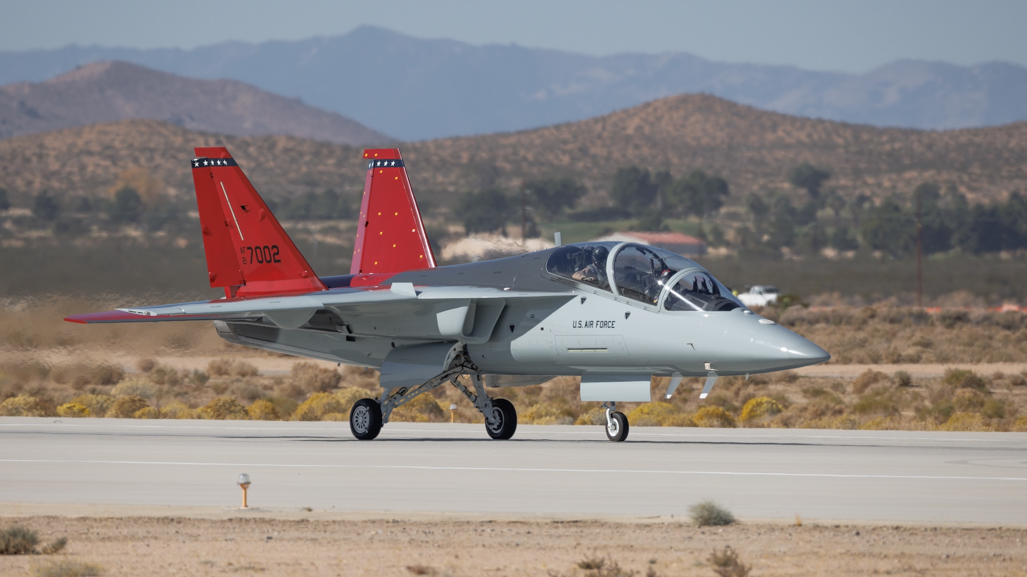 A T-7A Red Hawk arrives at Edwards Air Force Base on November 8. (U.S. Air Force photo/Joshua McClanahan)