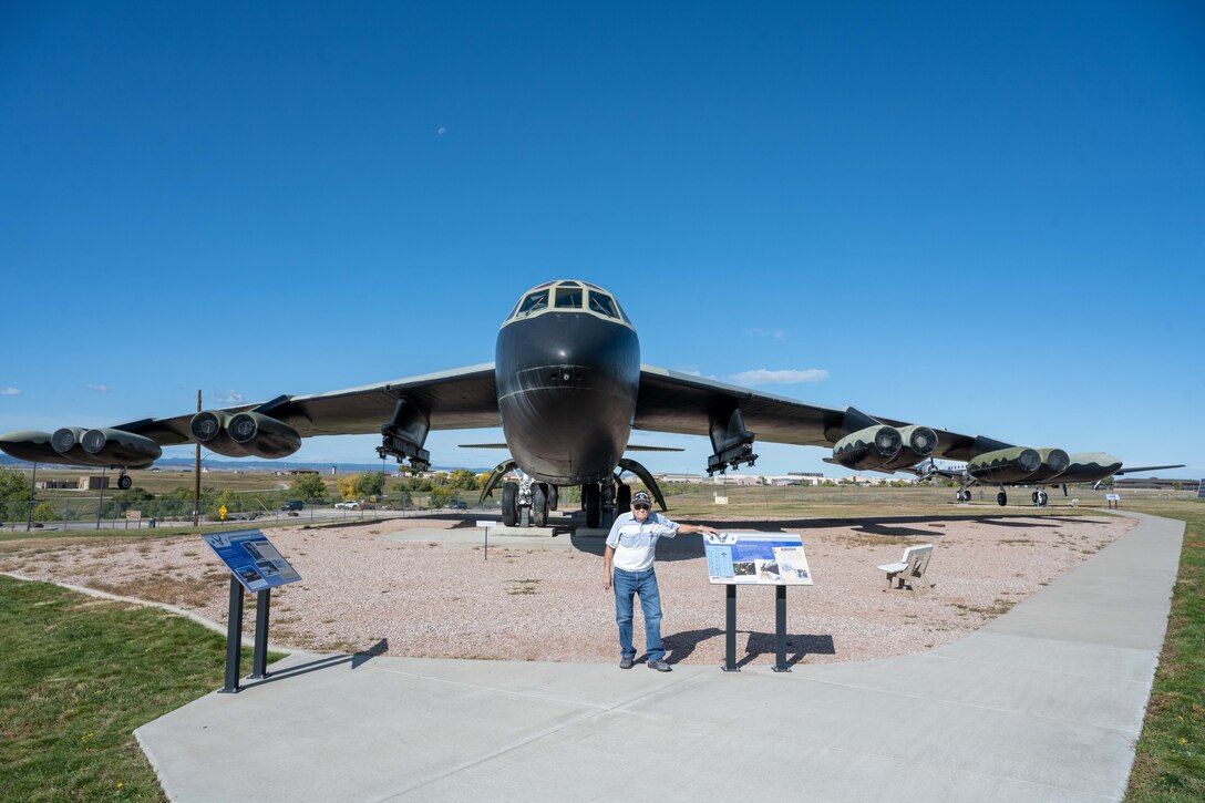 Mr. Robert D. Ball, former 28th Bomb Wing aircraft maintenance superintendent, poses for a photo with a B-52 Stratofortress at the South Dakota Air and Space Museum in Box Elder, South Dakota, Oct. 4, 2023. Ball served at Ellsworth Air Force base from 1955 to 1965. (U.S. Air Force photo by Spc3 Adam Olson)