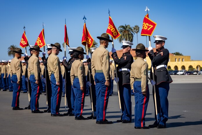 U.S. Marine Corps drill instructors with Mike Company, 3rd Recruit Training Battalion, participate in a graduation ceremony at Marine Corps Recruit Depot San Diego, Nov. 8, 2023. Graduation took place at the completion of the 13-week transformation, which included training for drill, marksmanship, basic combat skills, and Marine Corps customs and traditions. (U.S. Marine Corps photo by Lance Cpl. Jacob B. Hutchinson)