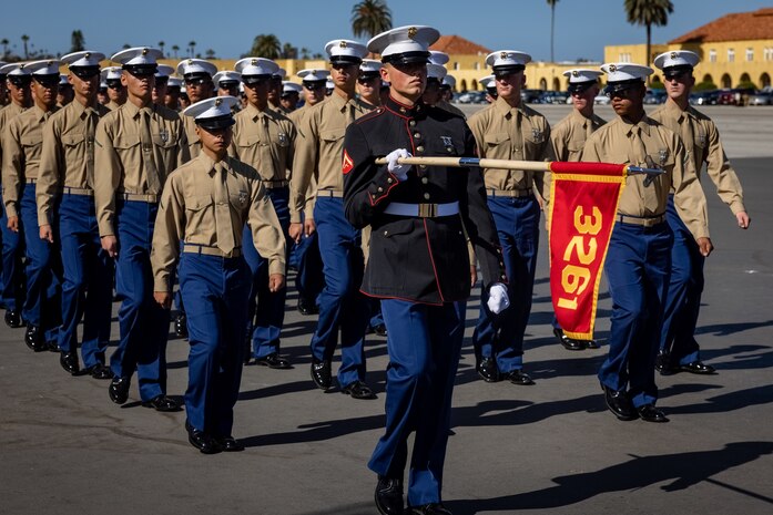 U.S. Marines with Mike Company, 3rd Recruit Training Battalion, march in formation during a graduation ceremony at Marine Corps Recruit Depot San Diego, Nov. 8, 2023. Graduation took place at the completion of the 13-week transformation, which included training for drill, marksmanship, basic combat skills, and Marine Corps customs and traditions. (U.S. Marine Corps photo by Lance Cpl. Jacob B. Hutchinson)