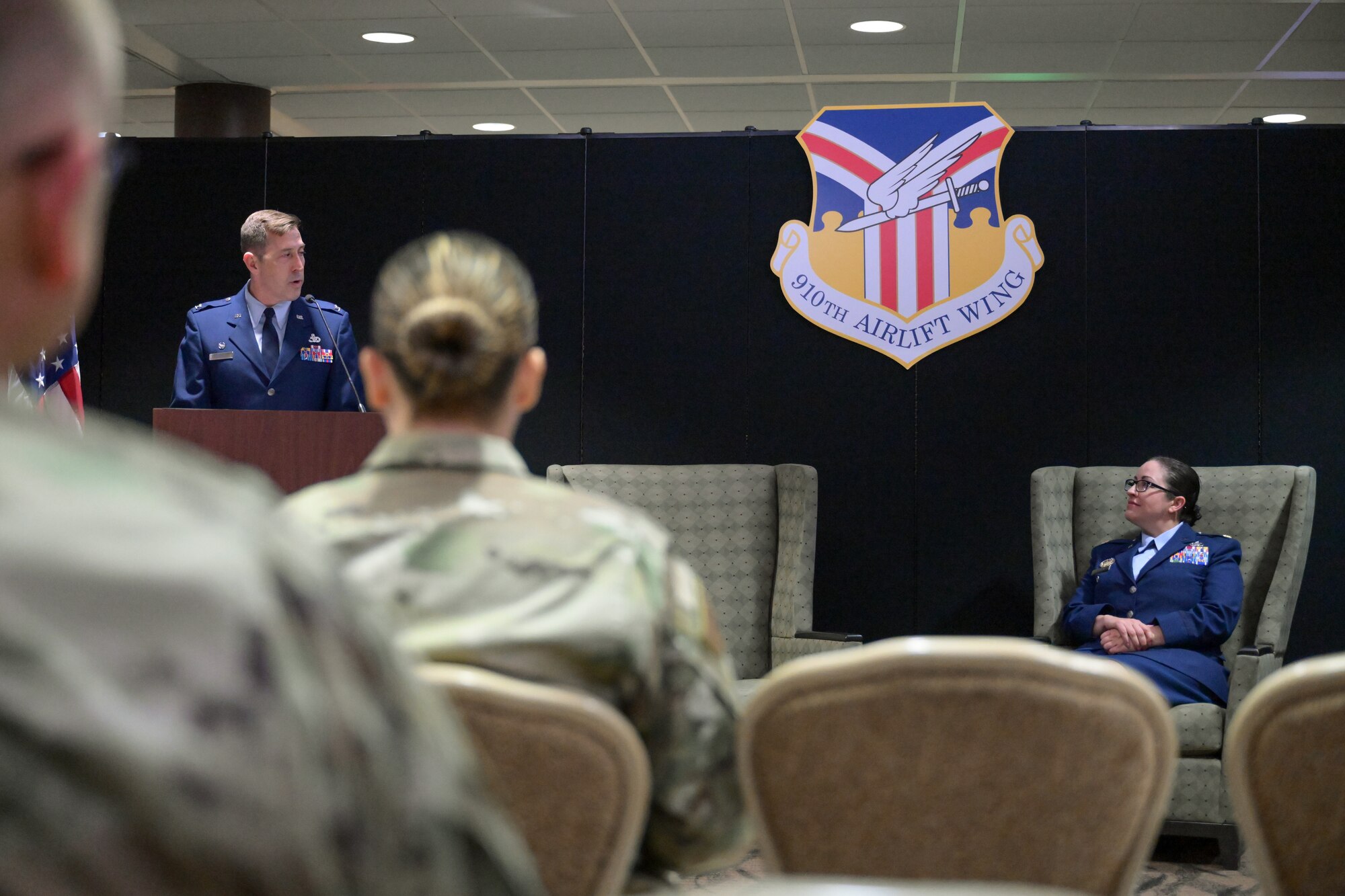 Col. Gregory Meyer, commander of the 910th Mission Support Group, welcomes Maj. Melody Gemuend, incoming commander of the 910th Force Support Squadron on Nov. 4, 2023, at Youngstown Air Reserve Station, Ohio.
