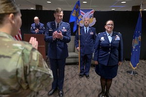 Maj. Melody Gemuend is introduced as the new commander of the 910th Force Support Squadron on Nov. 4, 2023, at Youngstown Air Reserve Station, Ohio.